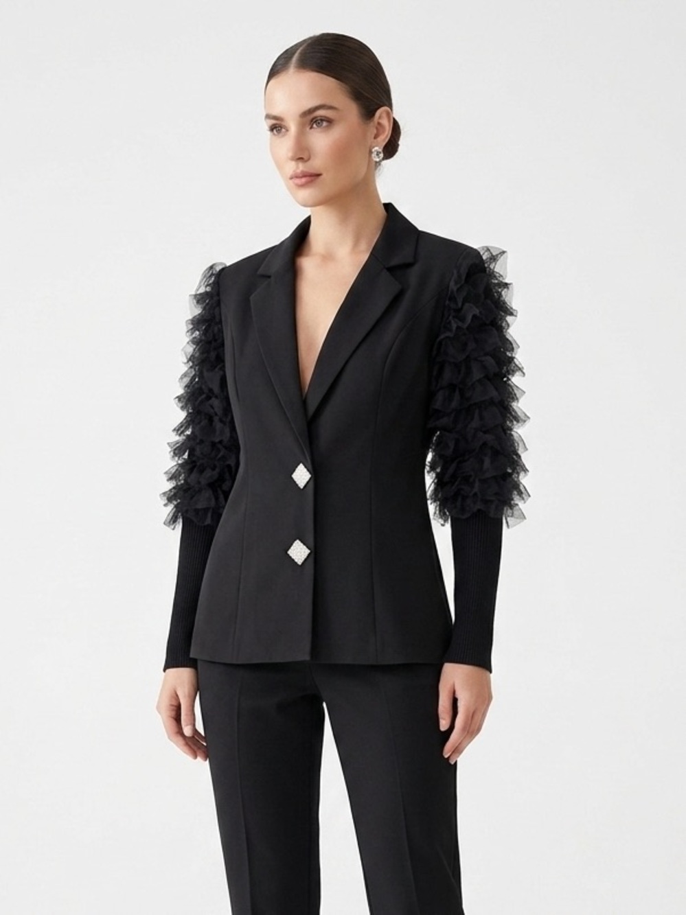 Ma Cherie Women's Black Blazer Size S Ruffle Sleeve Jeweled Button Statement Top